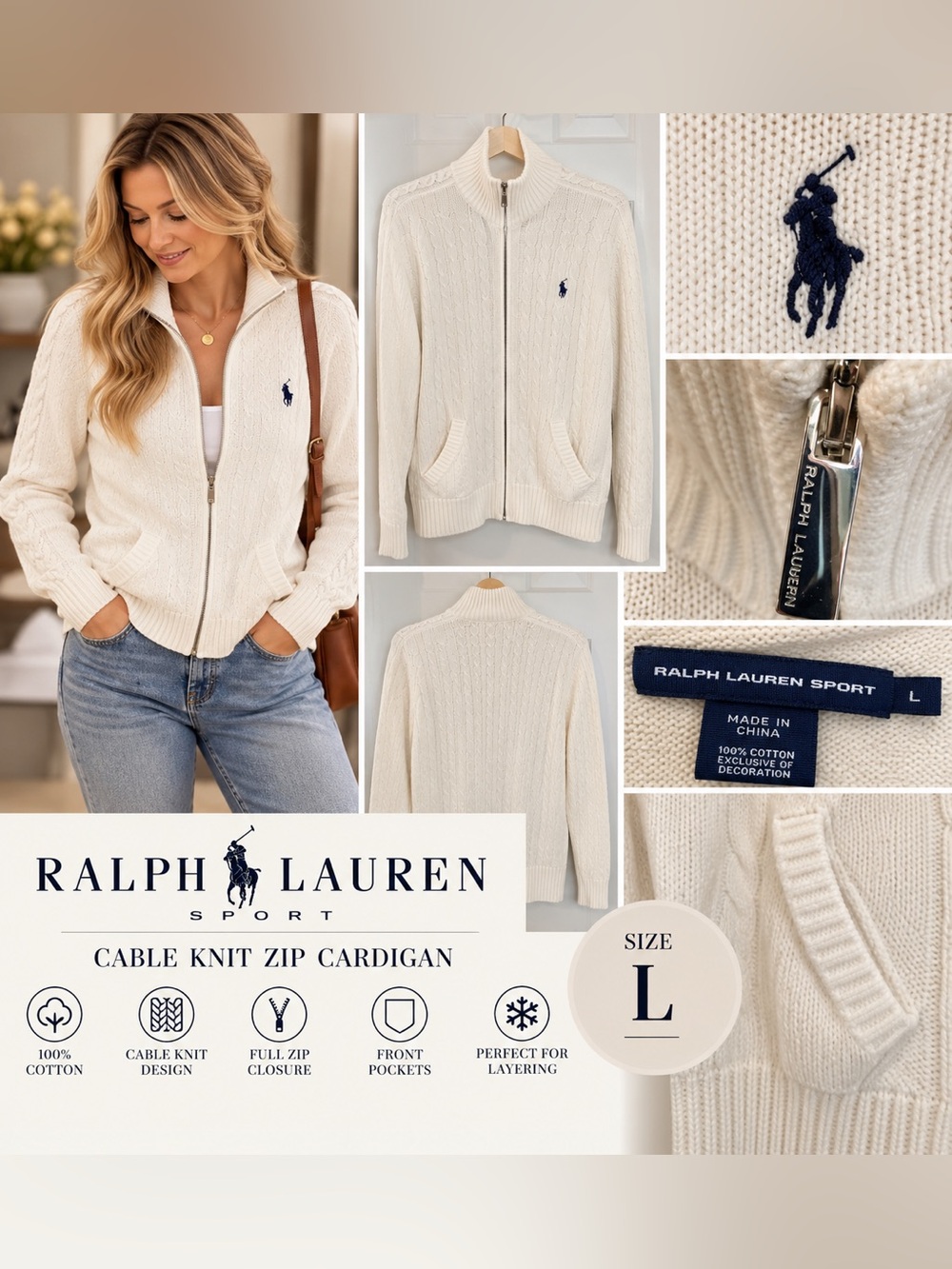 Ralph Lauren Sport Ivory Cable Knit Full Zip Cardigan Sweater XL Cotton